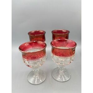 Vtg 4 Pc Ruby Red Flashed Glass Cordial Goblets Kings Crown Stem Bar Ware
